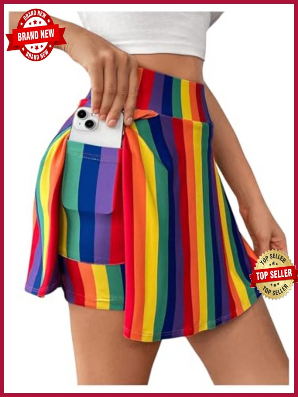 Rainbow Striped High Rise Elastic Waist Active Skort with Pockets
